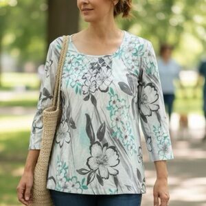 Alfred Dunner Women's Floral Tunic - Gray and Teal